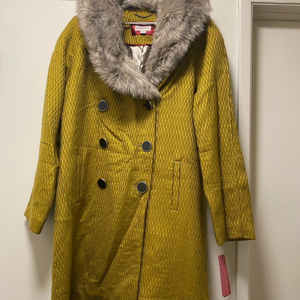 Merona Mustard Pea Coat with Faux Fur Collar